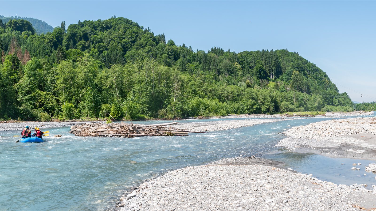 Braided mountain river running through a forested valley